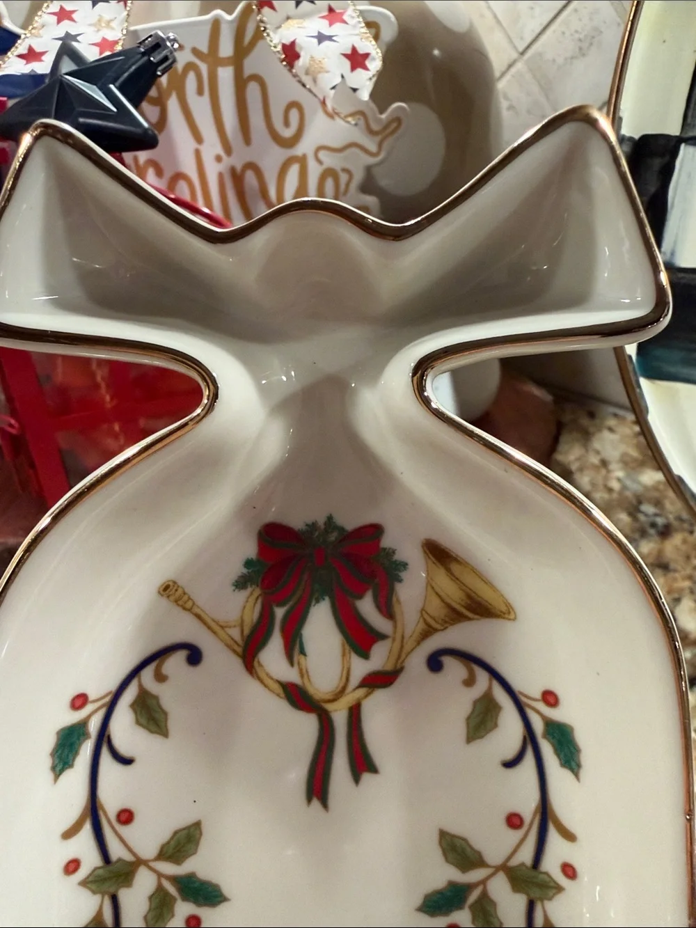 Mikasa Porcelain Bell-Shaped Holiday Trinket or CandyDish - White with Gold Trim